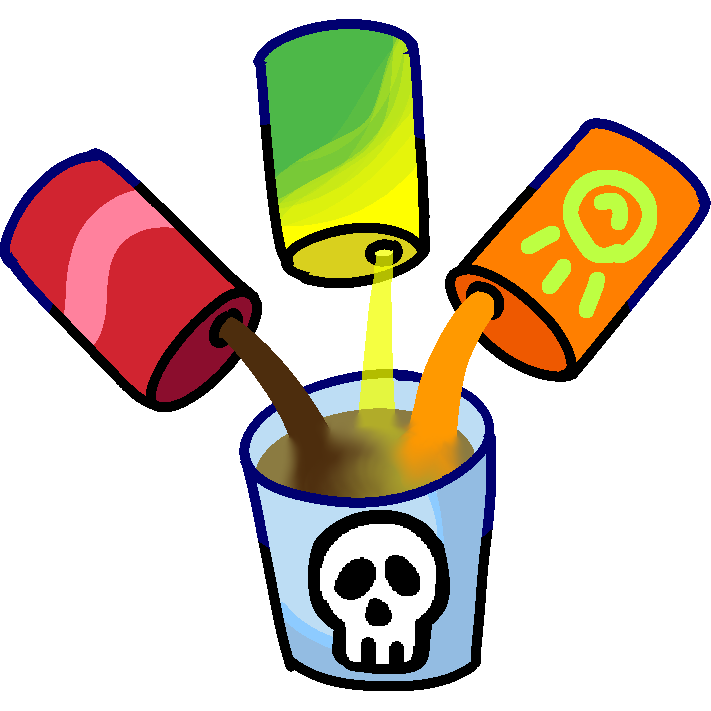 a light blue paper cup with three cans of sods being poured into it. one is red, one is green and yellow and one is orange with the toki pona symbol on it in green. the cup has a skull symbol on it and the liquid is an unappetizing brownish color